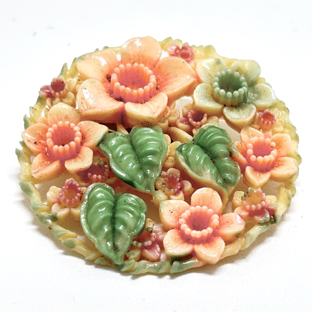 Vintage, Marked Occupied Japan, Carved Celluloid Floral Brooch, Pink, Green